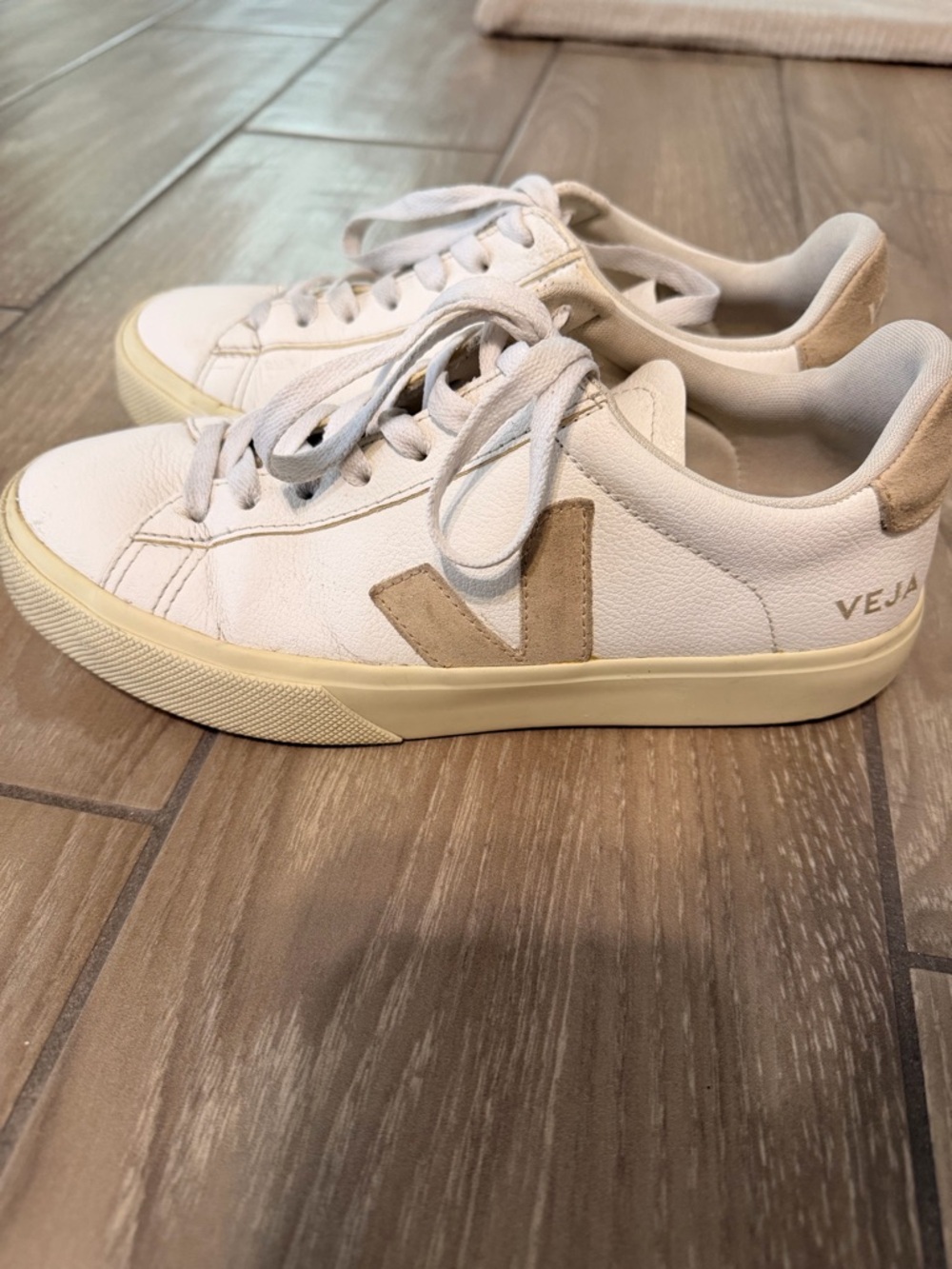 Veja White Leather Sneakers with Tan V Accent